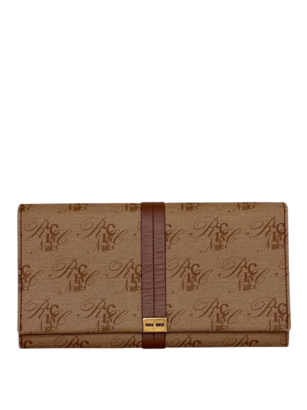 NINA RICCI - BROWN TAN CANVAS LEATHER MONOGRAM LONG BIFOLD SNAP WALLET - Picture 1 of 12